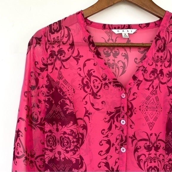 CAbi fitted button down shirt with v-neckline & long sleeves, sheer - Picture 3 of 11